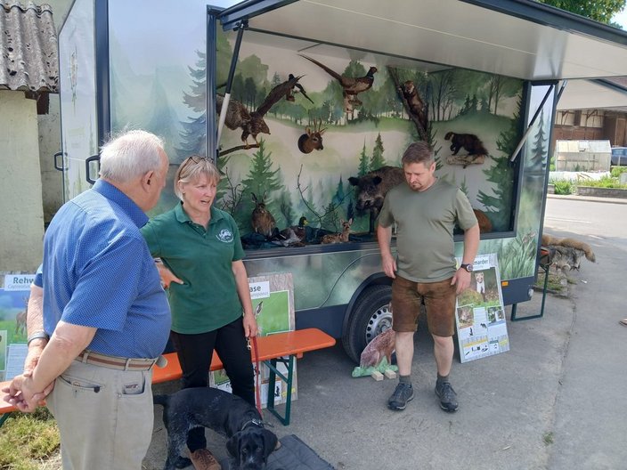 Ein Anhänger zeigt Tierpräparate im Wald. Zwei Personen sprechen davor, eine Frau in grüner Uniform und ein Mann im T-Shirt. Ein Hund steht zwischen ihnen. Text: "Rehwild Capreolus", "Edelmarder Martes martes".